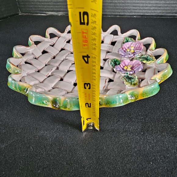 Vintage Italy Majolica Handcrafted Open Weave Ceramic Shallow Bowl Purple Floral - Picture 12 of 12